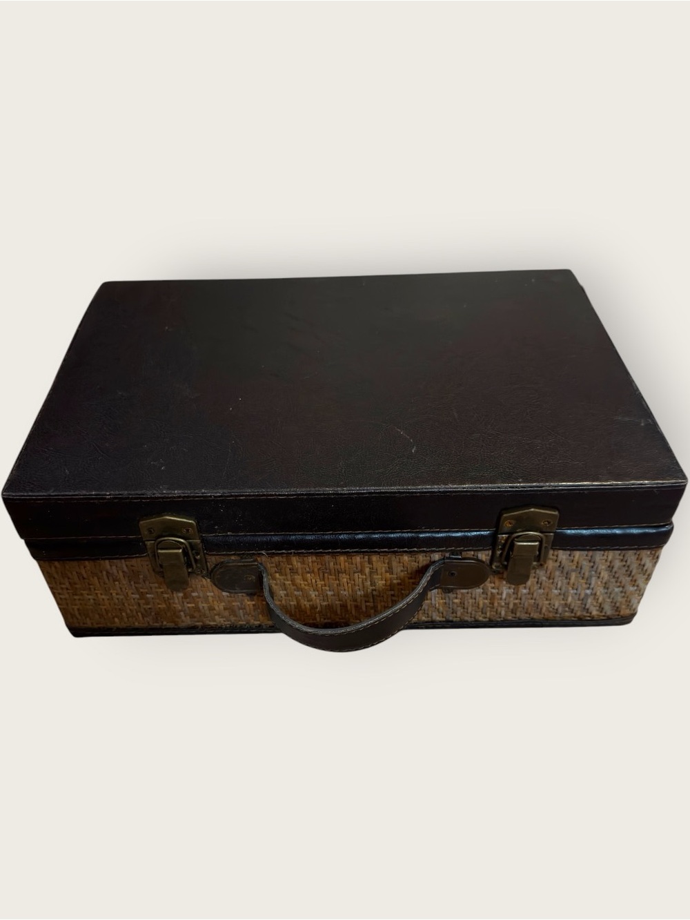 Vintage Mid-Century Woven Rattan and Wicker Suitcase with Brass Hardware
